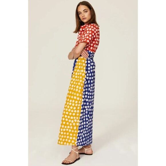 BUSAYO COLLECTIVE Colorblock Polka Dot Print Button Front Tie Waist Dress 10 - Picture 2 of 10